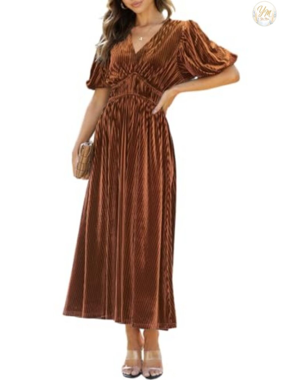 Velvet Maxi Dress V-Neck Puff Sleeve Formal Wedding Guest